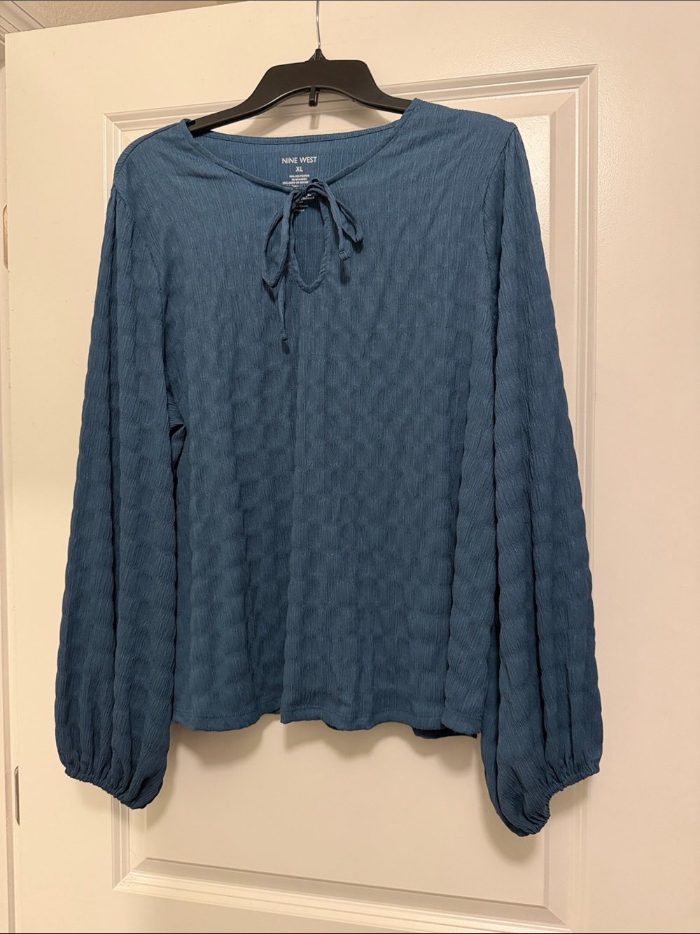 Nine West Slate Blue Textured Tie-Neck Long Sleeve Blouse
